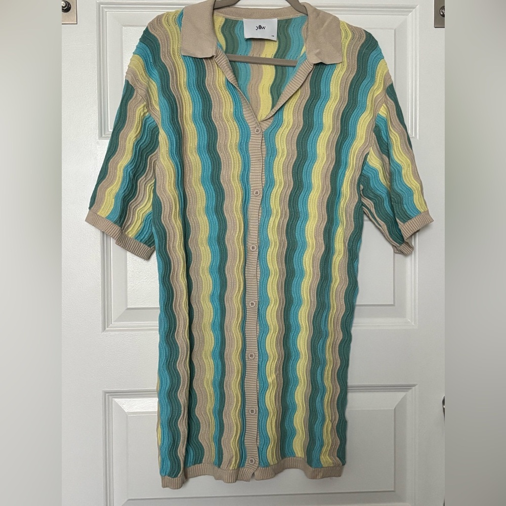 Wavy Stripe Collared Mini Dress in Teal & Yellow